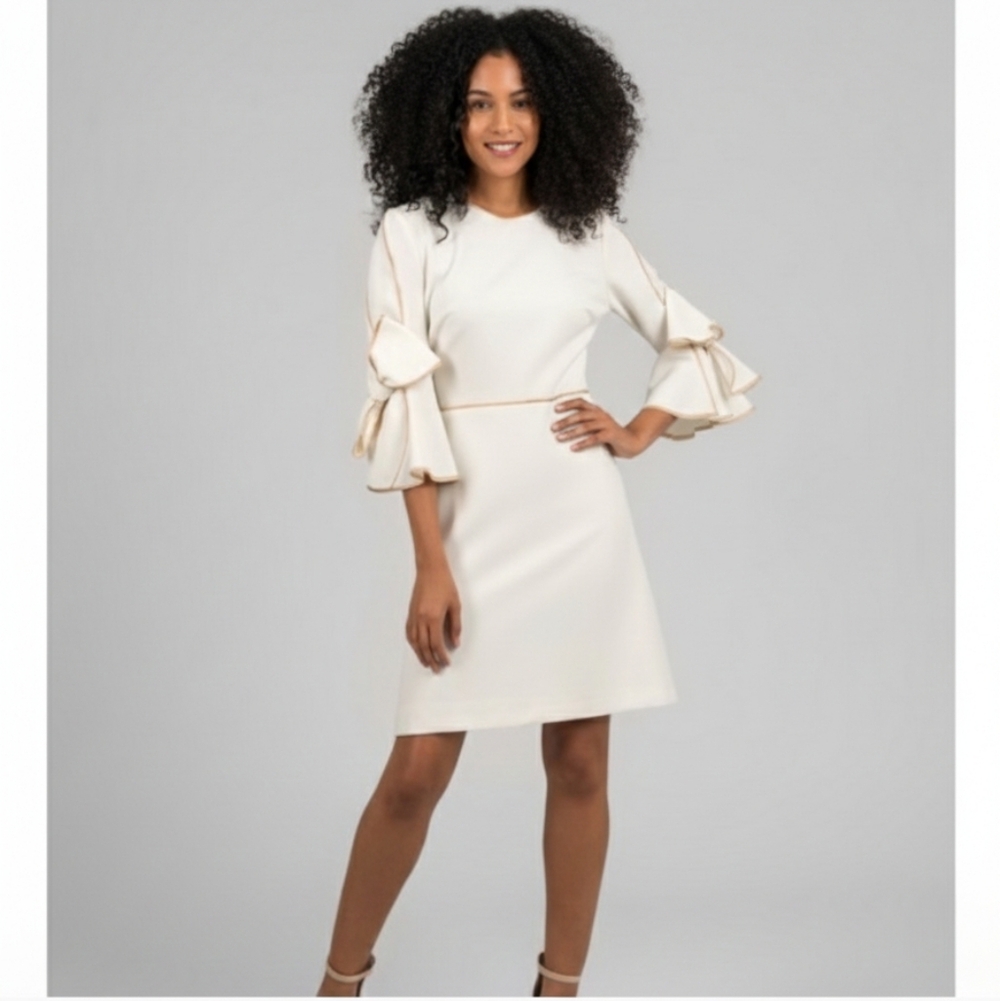 Just Taylor Women's Cream Dress with Ruffle And Bow Detailed Sleeves 12